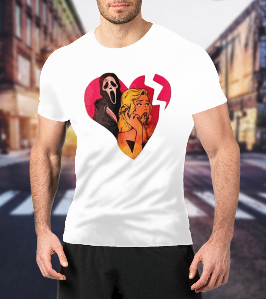 Cartoon Blonde Woman Ghostface Broken Pink Heart Knife Phone T-Shirt