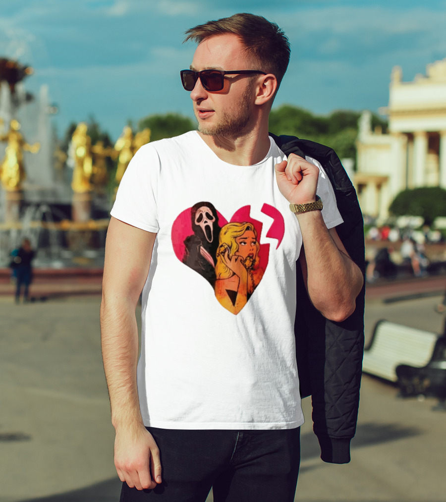 Cartoon Blonde Woman Ghostface Broken Pink Heart Knife Phone T-Shirt