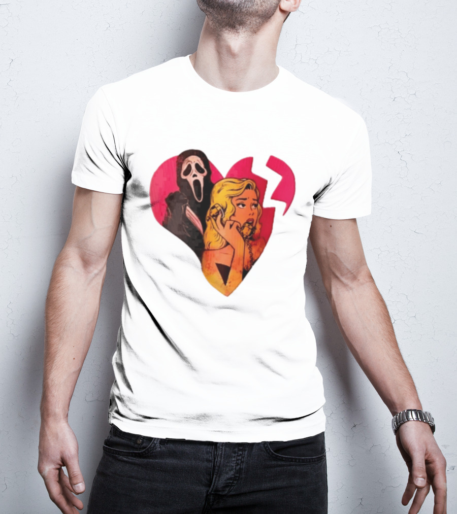 Cartoon Blonde Woman Ghostface Broken Pink Heart Knife Phone T-Shirt