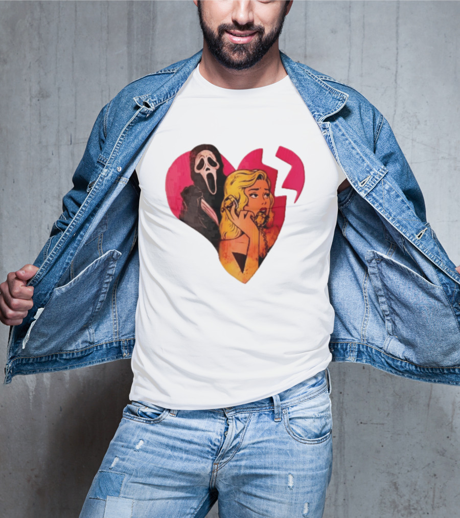 Cartoon Blonde Woman Ghostface Broken Pink Heart Knife Phone T-Shirt