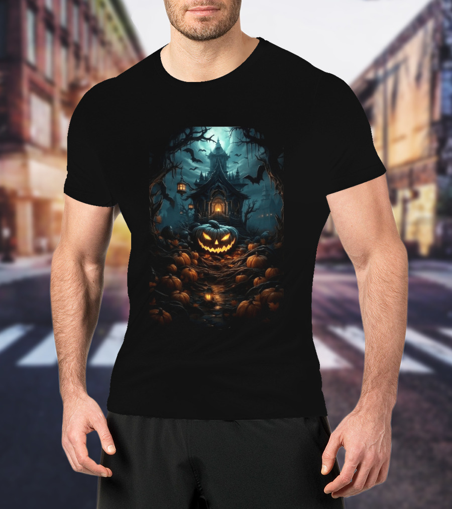 Haunted House Pumpkin Season Halloween Spooky Night Scene With Jack O' Lanterns And Bats T-Shirt