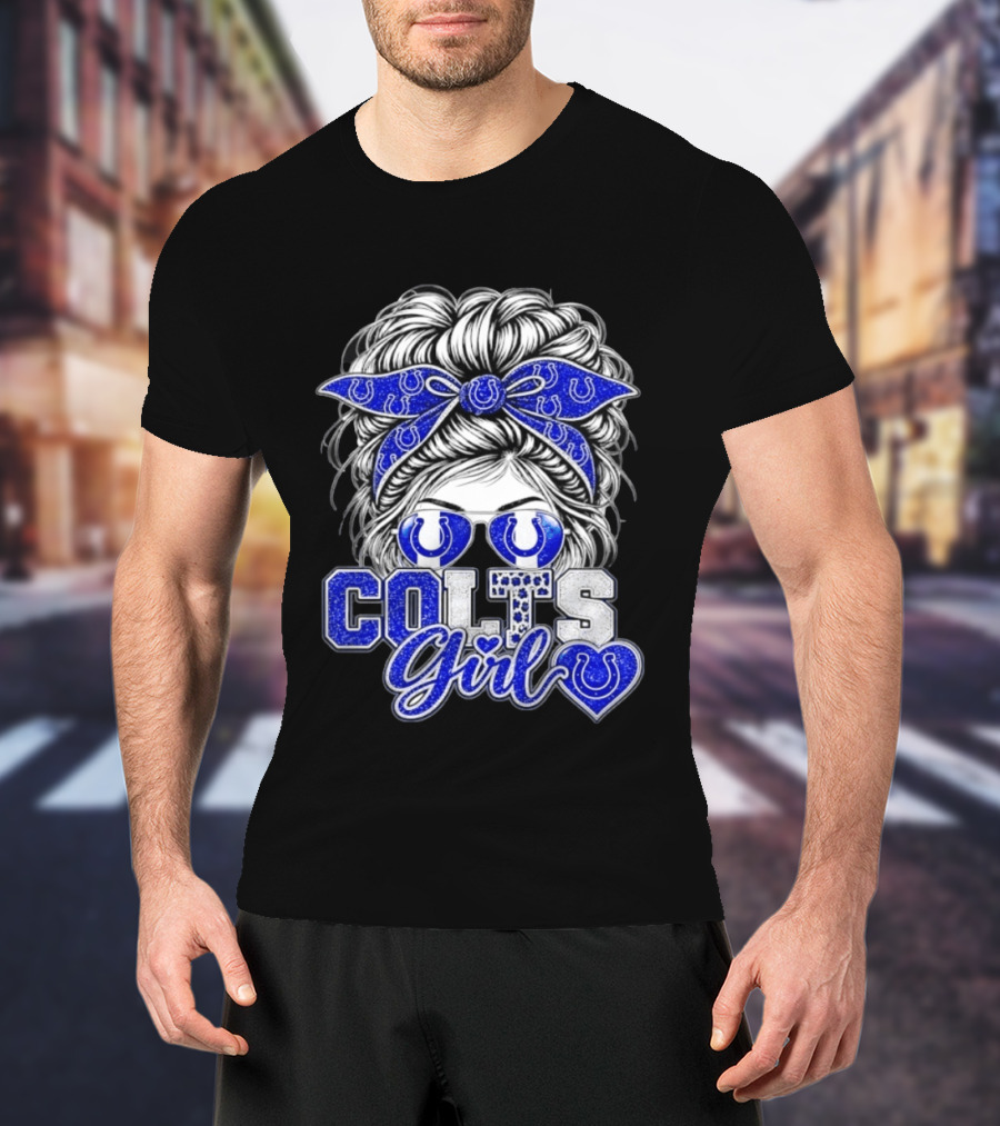 Indianapolis Colts Girl Messy Bun Blue Bandana Sunglasses Fan T-Shirt