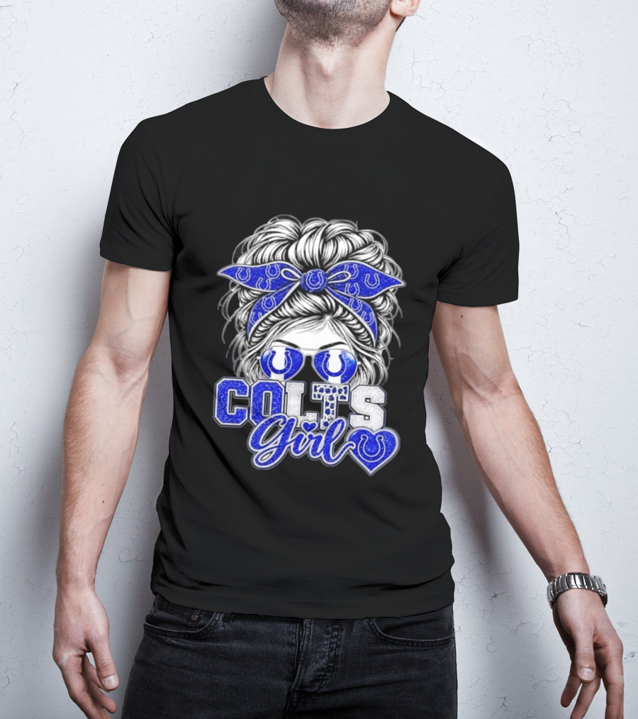 Indianapolis Colts Girl Messy Bun Blue Bandana Sunglasses Fan T-Shirt