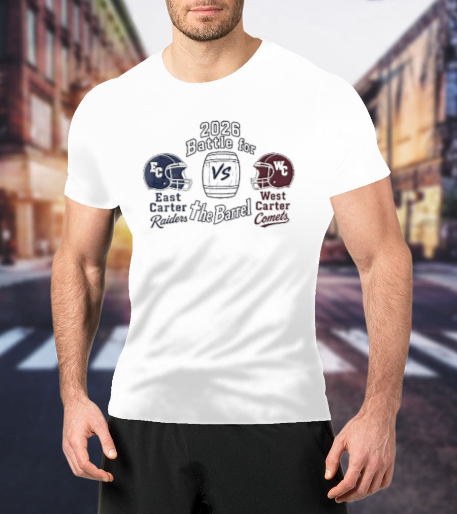 2026 Battle For The Barrel East Carter Raiders Vs West Carter Comets Football Helmets T-Shirt