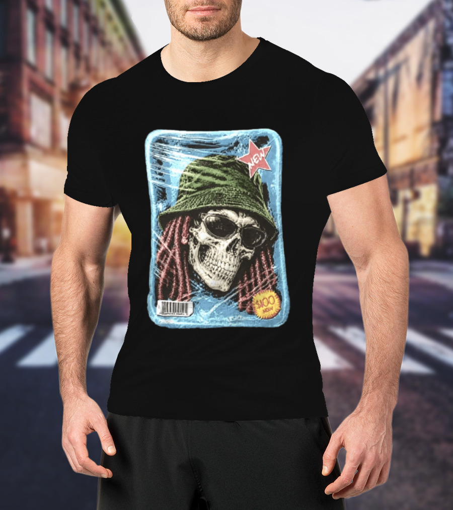 Skull With Dreadlocks Wearing Green Bucket Hat Sunglasses New Star Label T-Shirt