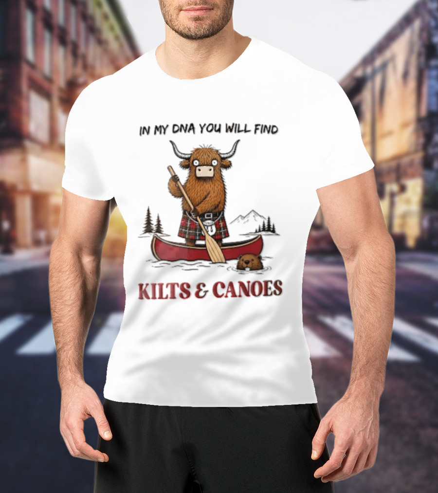In My DNA You Will Find Kilts And Canoes Cartoon Highland Cow Paddling T-Shirt