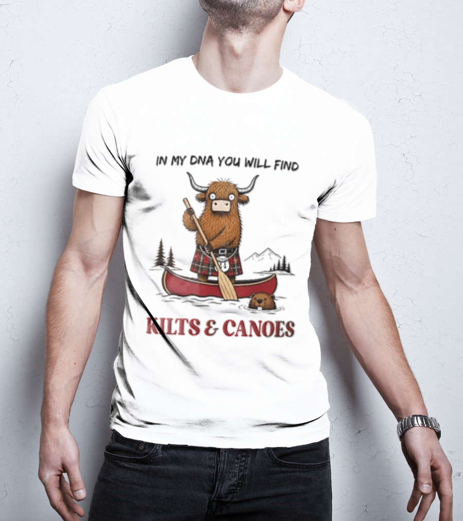 In My DNA You Will Find Kilts And Canoes Cartoon Highland Cow Paddling T-Shirt