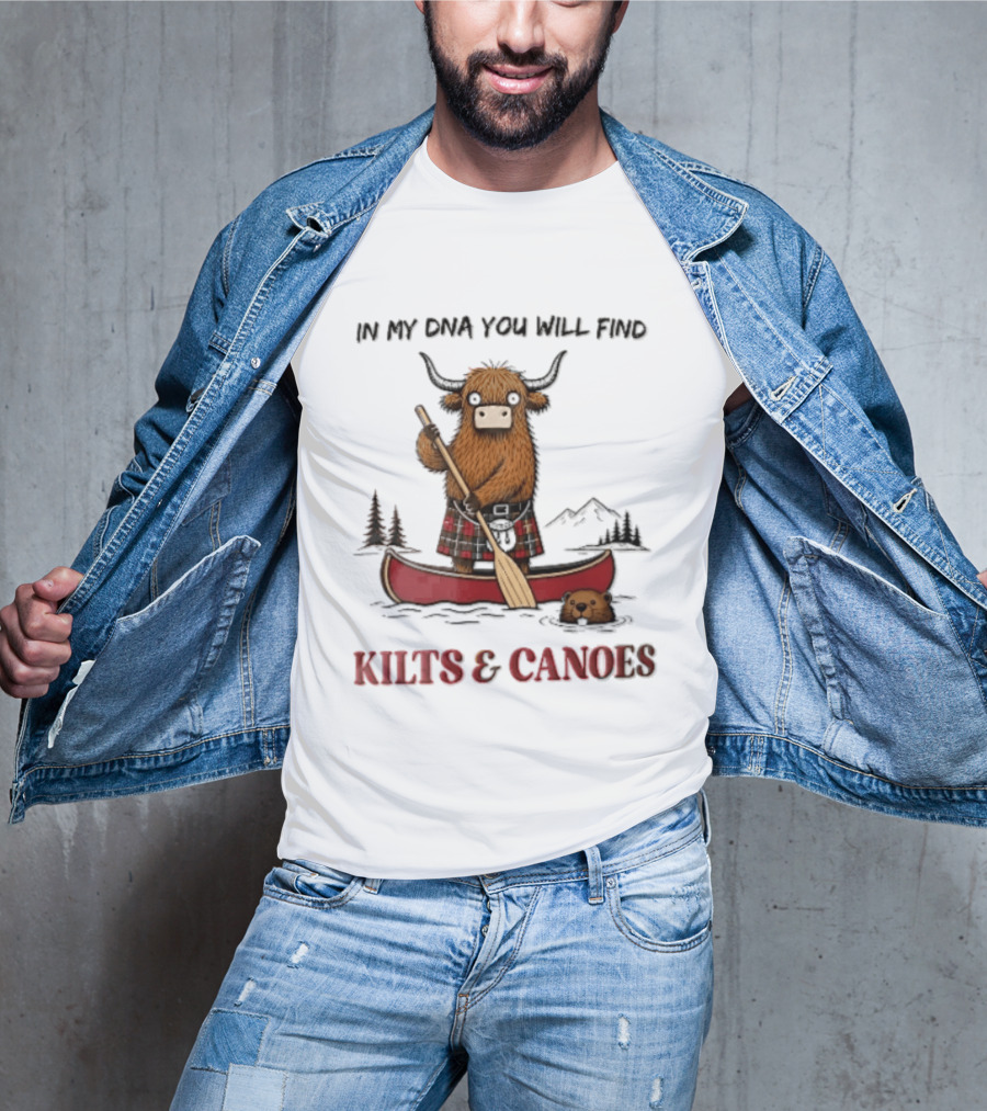 In My DNA You Will Find Kilts And Canoes Cartoon Highland Cow Paddling T-Shirt