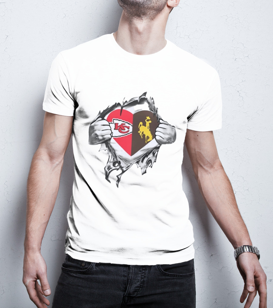 Kansas City Chiefs Wyoming Cowboys Heart Fan Pride Combination T-Shirt