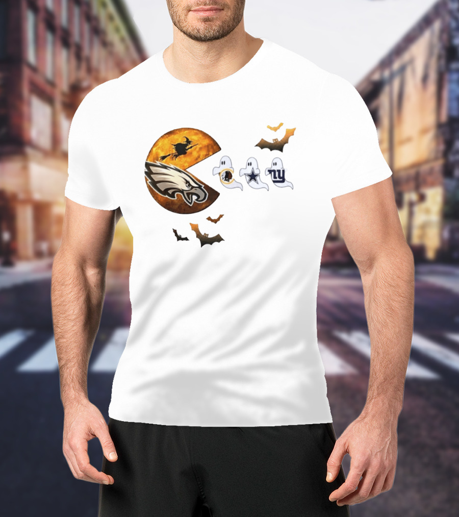 Philadelphia Eagles Pac Man Halloween Washington Commanders Cowboys Giants Ghosts T-Shirt