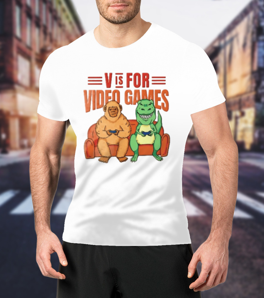 V Is For Video Games Sasquatch Dinosaur Couch Controllers Cartoon T-Shirt