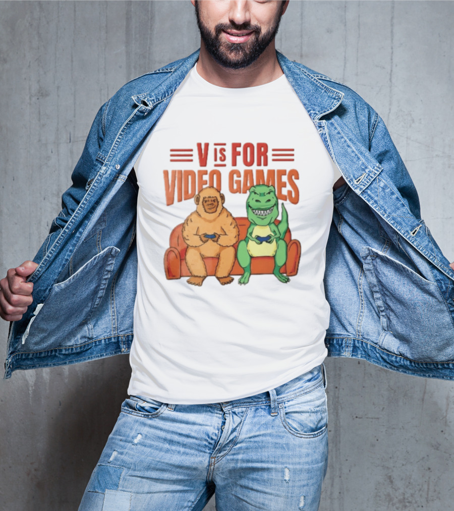 V Is For Video Games Sasquatch Dinosaur Couch Controllers Cartoon T-Shirt
