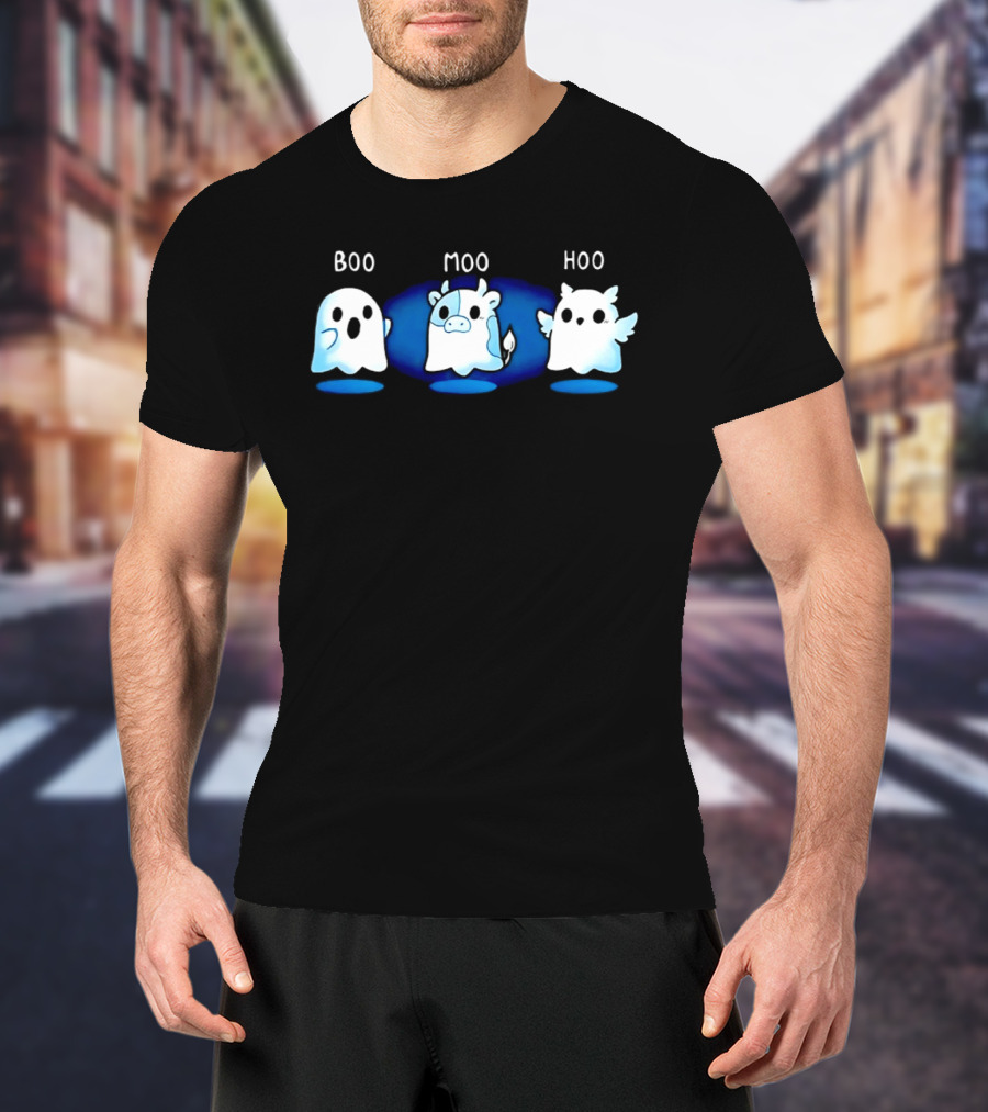 Boo Moo Hoo Halloween Ghost Cow And Owl Fun T-Shirt