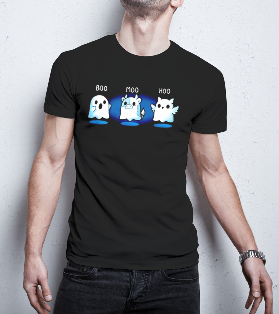 Boo Moo Hoo Halloween Ghost Cow And Owl Fun T-Shirt