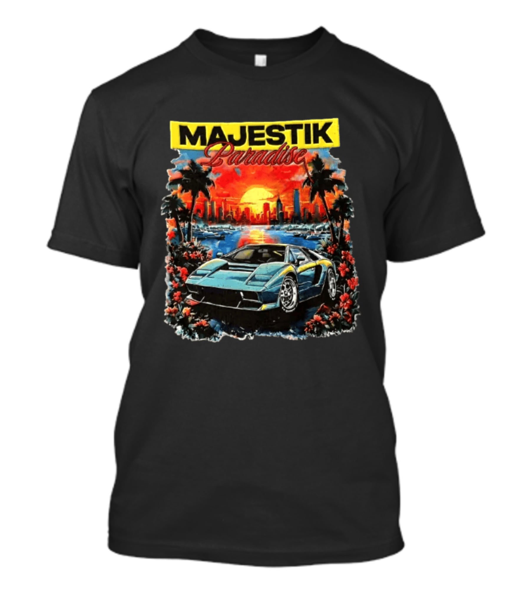 Majestik Paradise Lamborghini Countach Miami Skyline Sunset Beach City T-Shirt