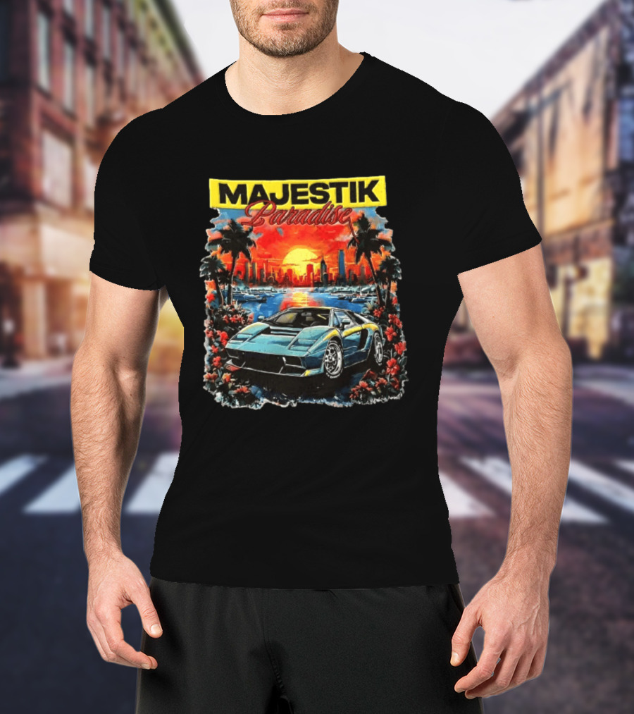 Majestik Paradise Lamborghini Countach Miami Skyline Sunset Beach City T-Shirt