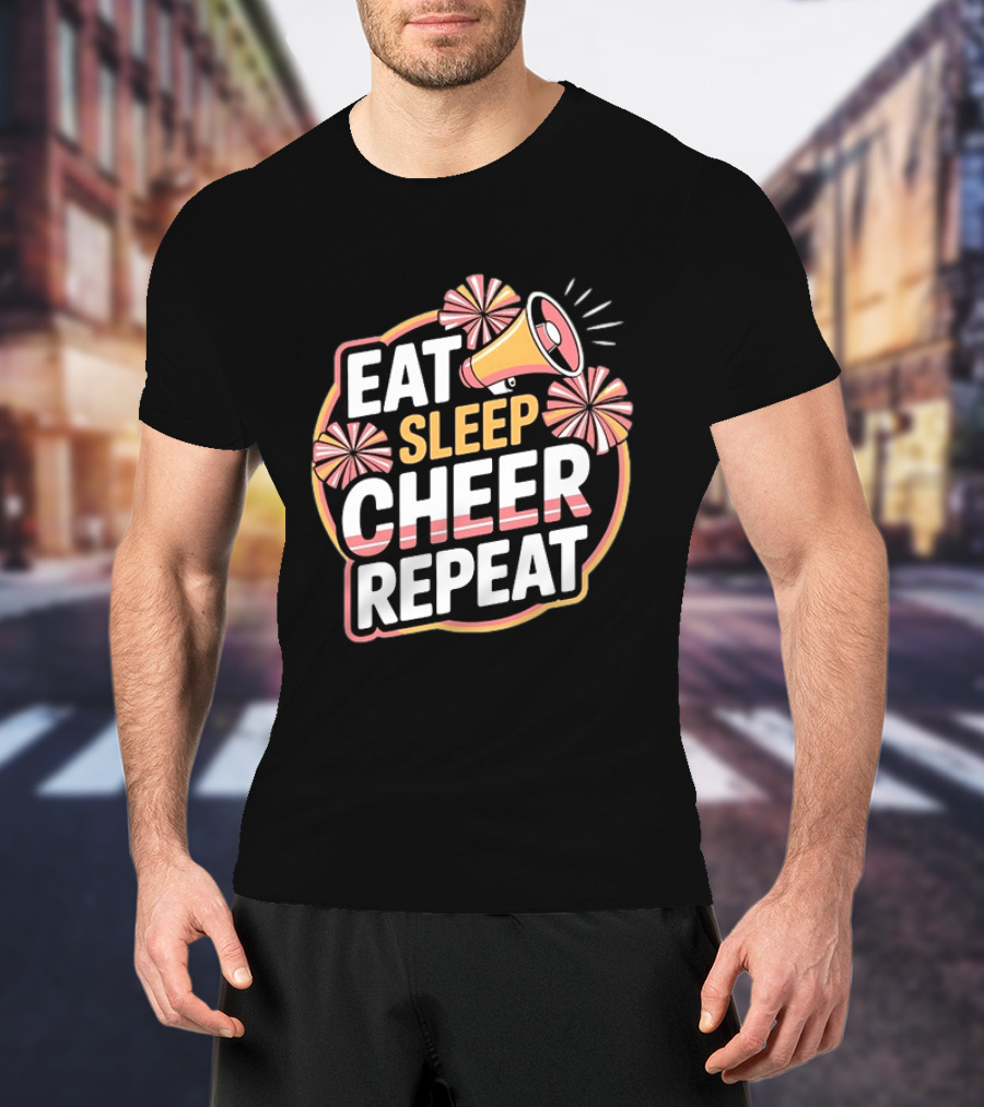 Eat Sleep Cheer Repeat Megaphone Pom Poms Cheerleading T-Shirt
