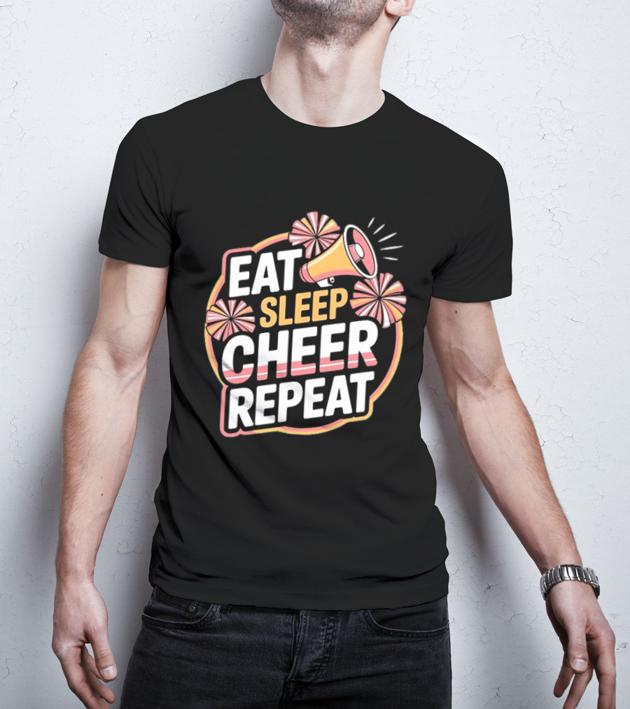 Eat Sleep Cheer Repeat Megaphone Pom Poms Cheerleading T-Shirt