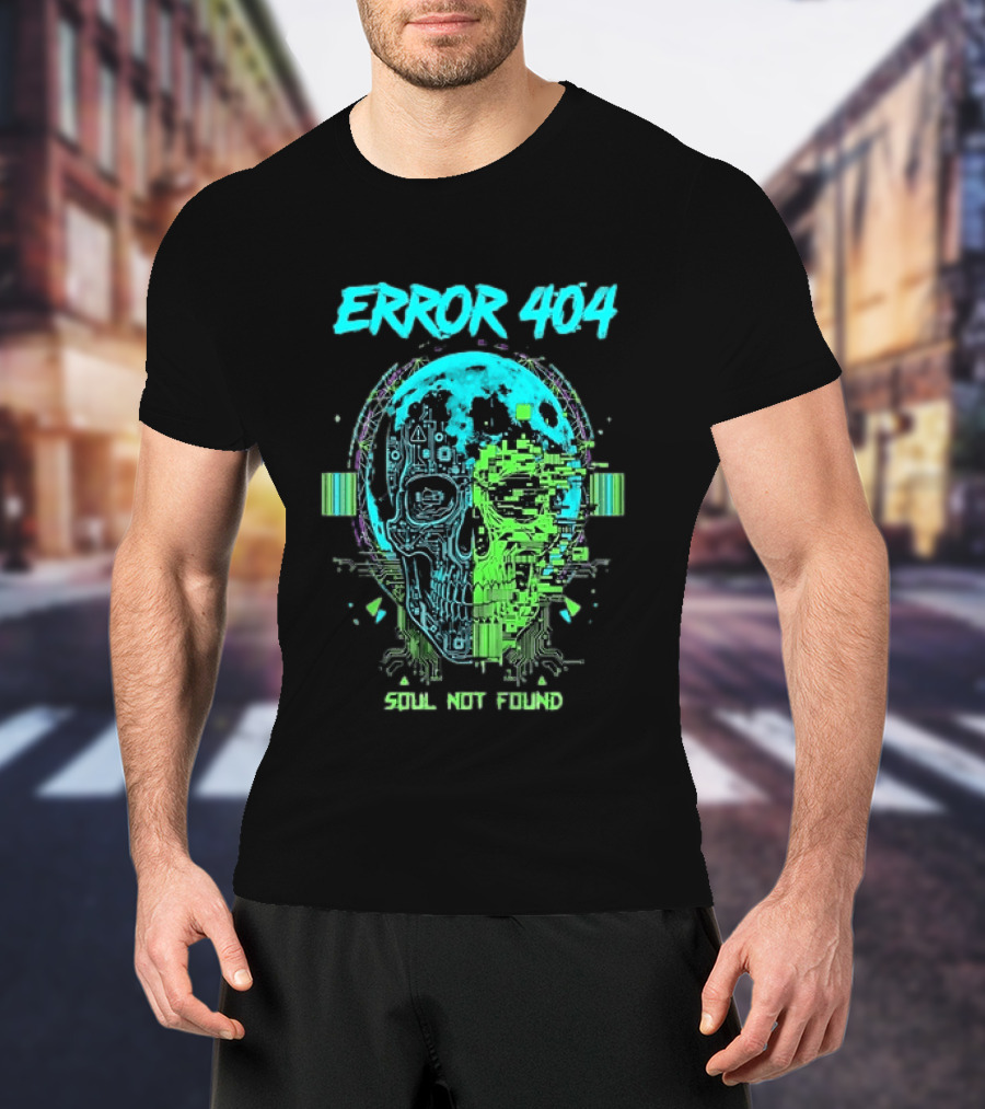 Error 404 Soul Not Found Cyber Skull Glitch Retro Tech Aesthetic T-Shirt