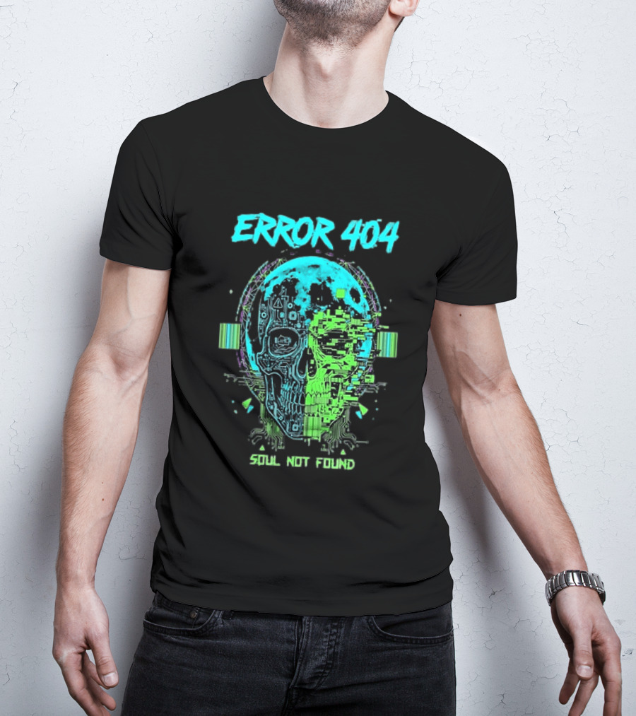 Error 404 Soul Not Found Cyber Skull Glitch Retro Tech Aesthetic T-Shirt