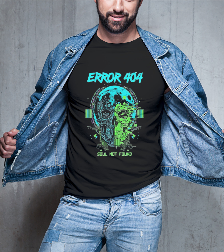 Error 404 Soul Not Found Cyber Skull Glitch Retro Tech Aesthetic T-Shirt