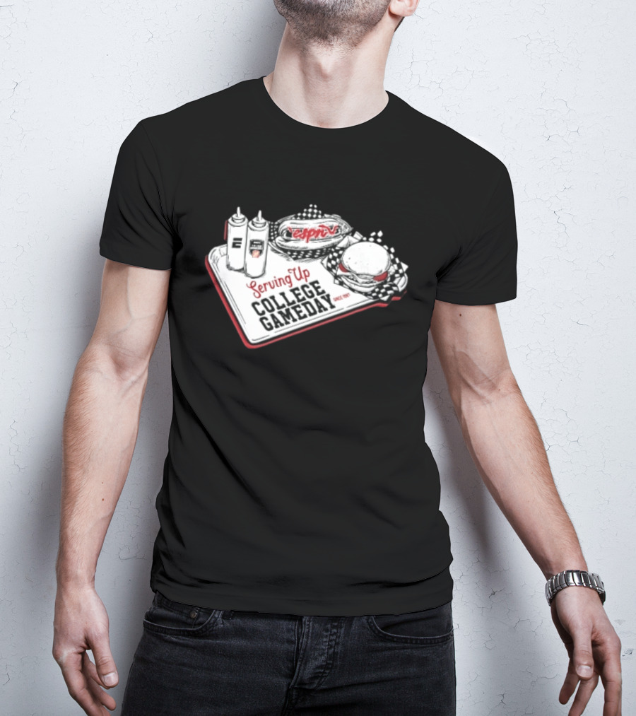 Espn Serving Up College Gameday Since 1987 Food Tray Hot Dog Burger Sketch T-Shirt