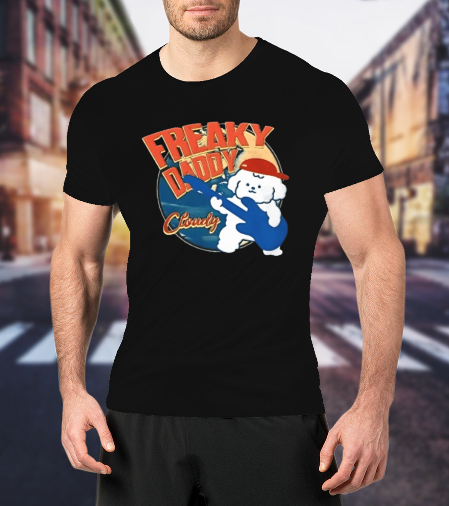 Freaky Daddy Cloudy Cartoon Dog Red Cap Playing Guitar T-Shirt