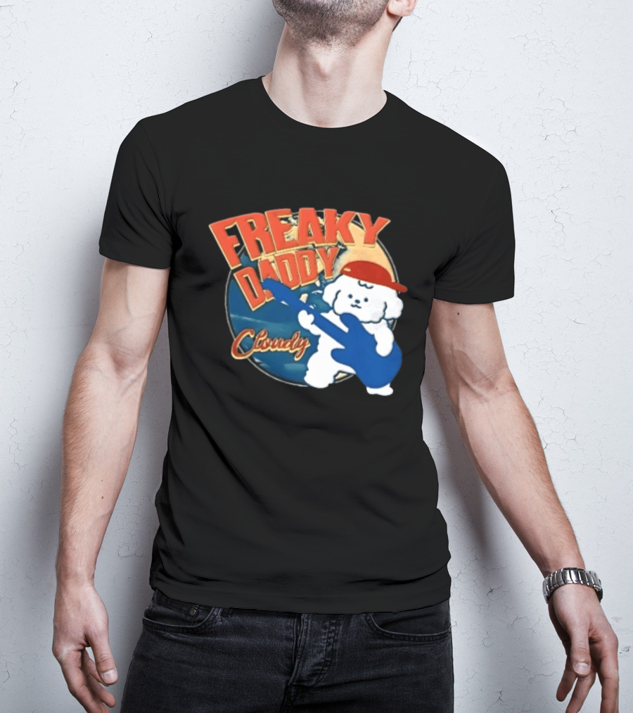Freaky Daddy Cloudy Cartoon Dog Red Cap Playing Guitar T-Shirt