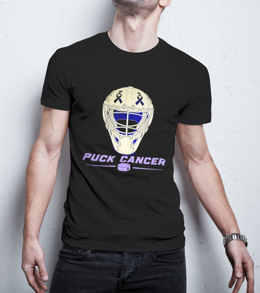 Puck Cancer Hockey Goalie Mask Awareness Purple Ribbon T-Shirt