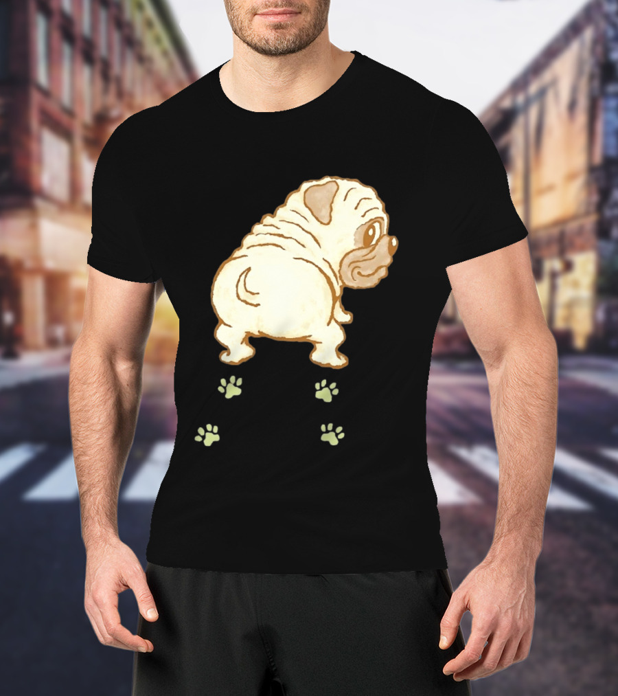 Pug Looking Back With Paw Prints Dog Cute Canine T-Shirt