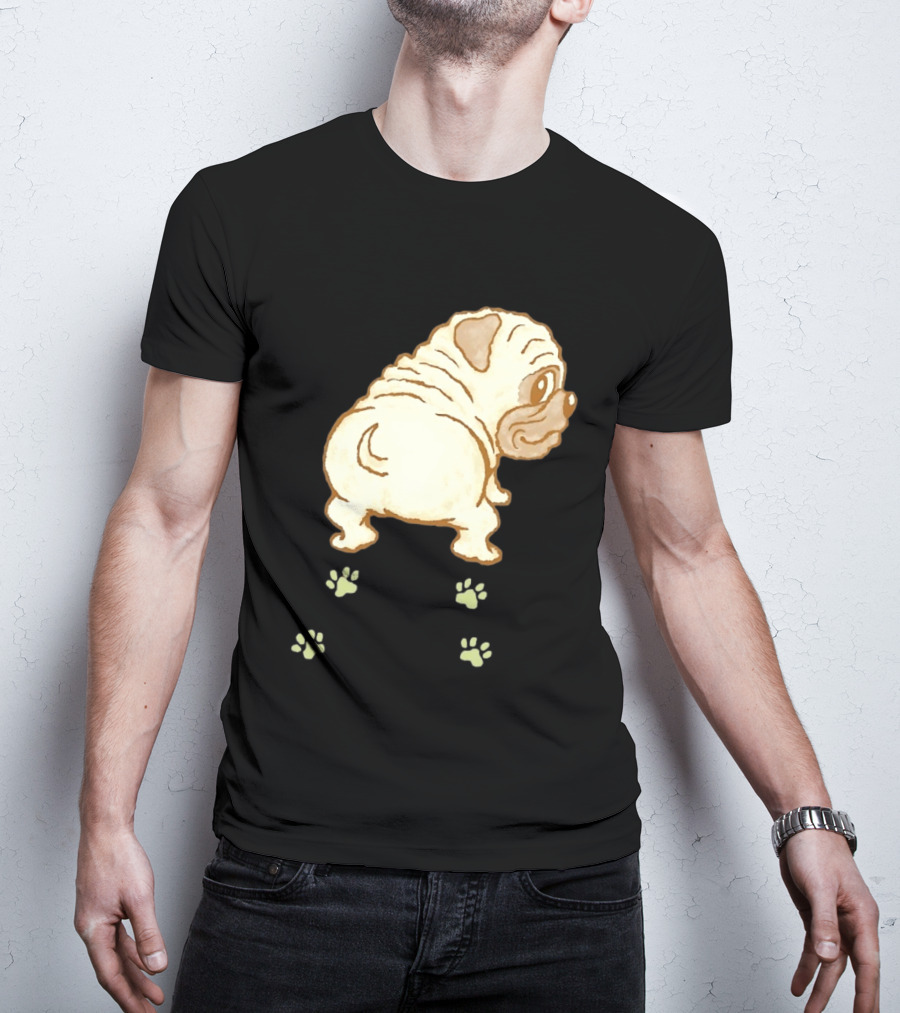 Pug Looking Back With Paw Prints Dog Cute Canine T-Shirt