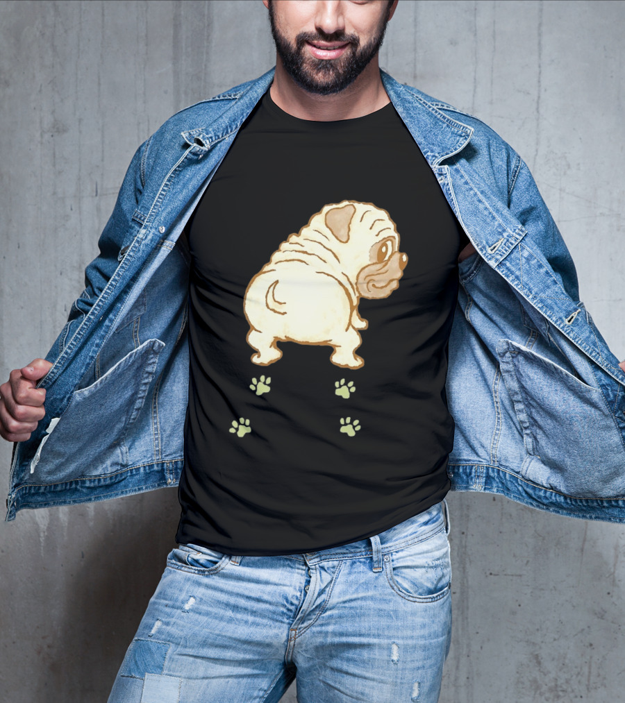 Pug Looking Back With Paw Prints Dog Cute Canine T-Shirt