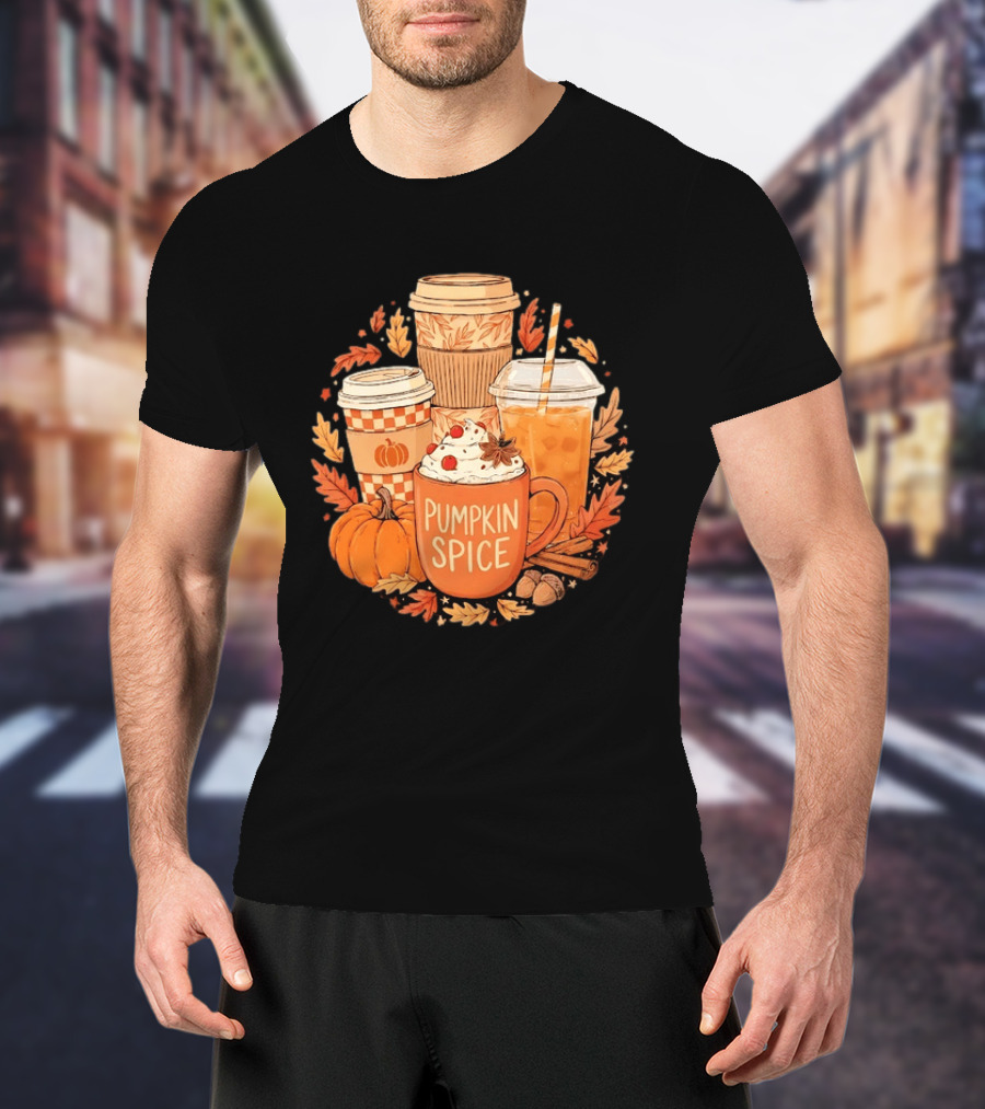 Pumpkin Spice Fall Coffee Drinks Autumn Leaves Acorns Cinnamon Sticks T-Shirt