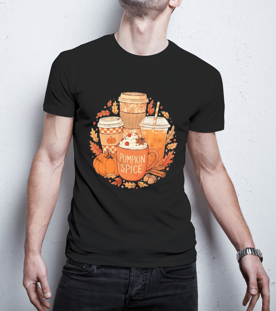 Pumpkin Spice Fall Coffee Drinks Autumn Leaves Acorns Cinnamon Sticks T-Shirt