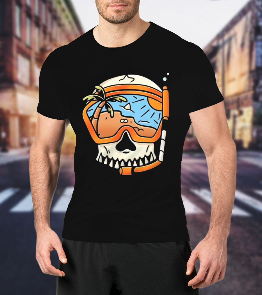 Skull Wearing Snorkel Mask With Tropical Beach Scene Palm Tree Sun T-Shirt