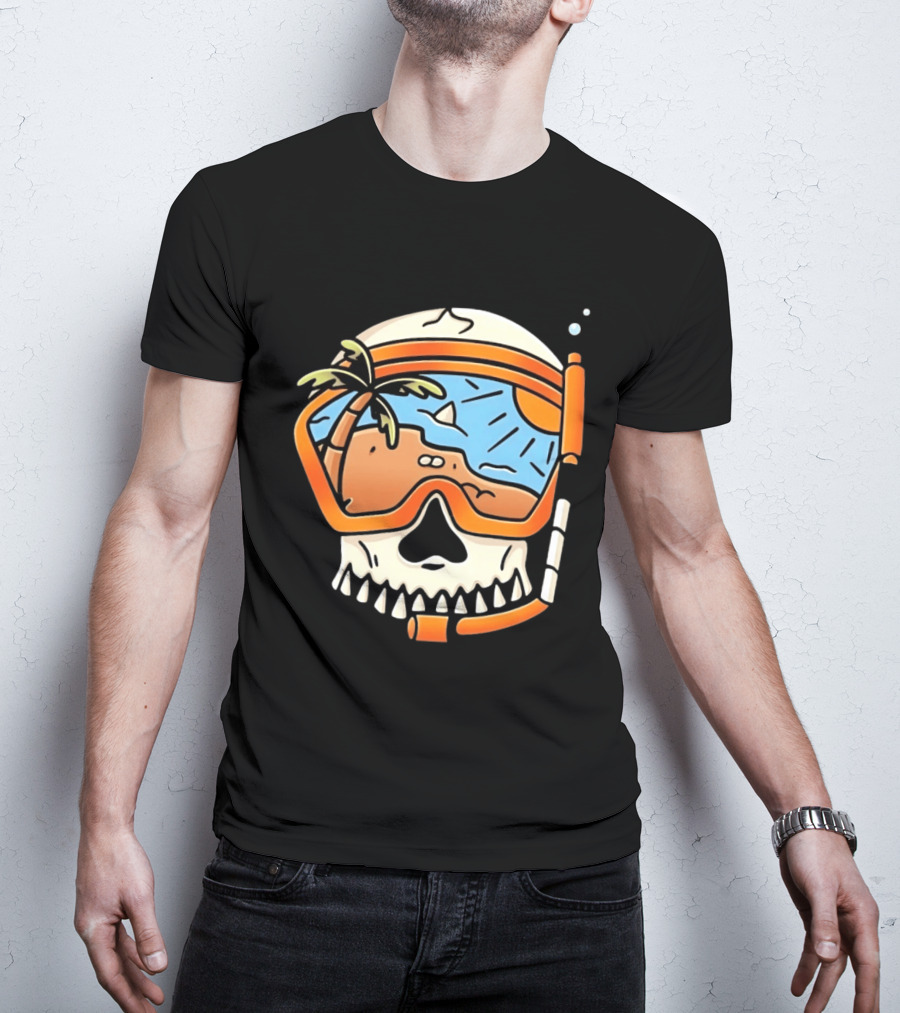 Skull Wearing Snorkel Mask With Tropical Beach Scene Palm Tree Sun T-Shirt
