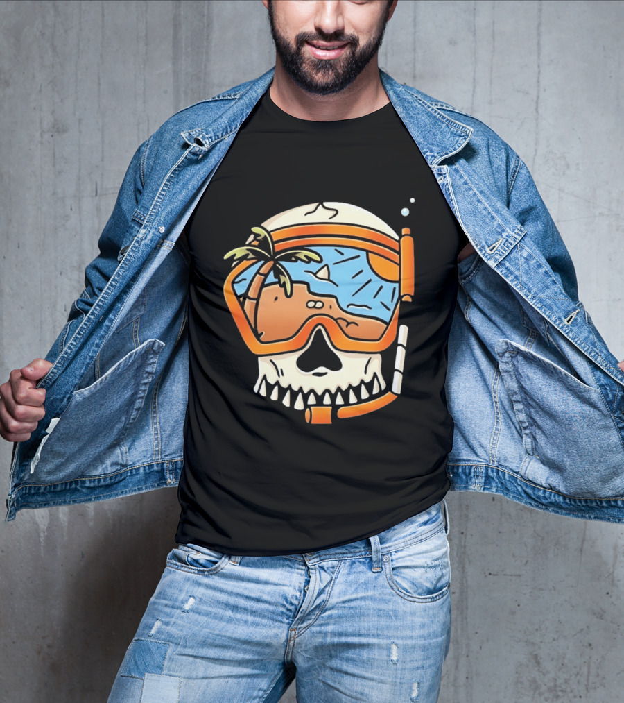 Skull Wearing Snorkel Mask With Tropical Beach Scene Palm Tree Sun T-Shirt