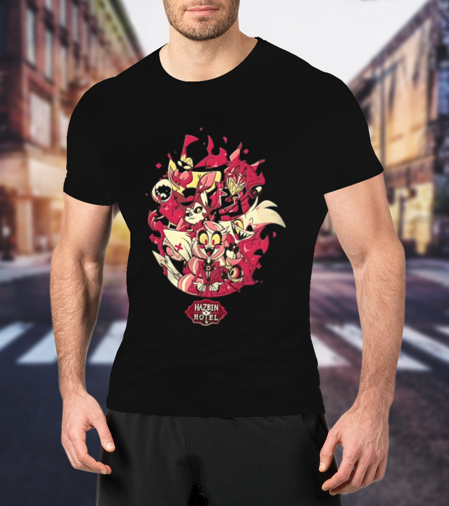 Hazbin Hotel Demon Characters Group Red Sparkles Cartoon Alastor Angel Dust Charlie Vaggie T-Shirt