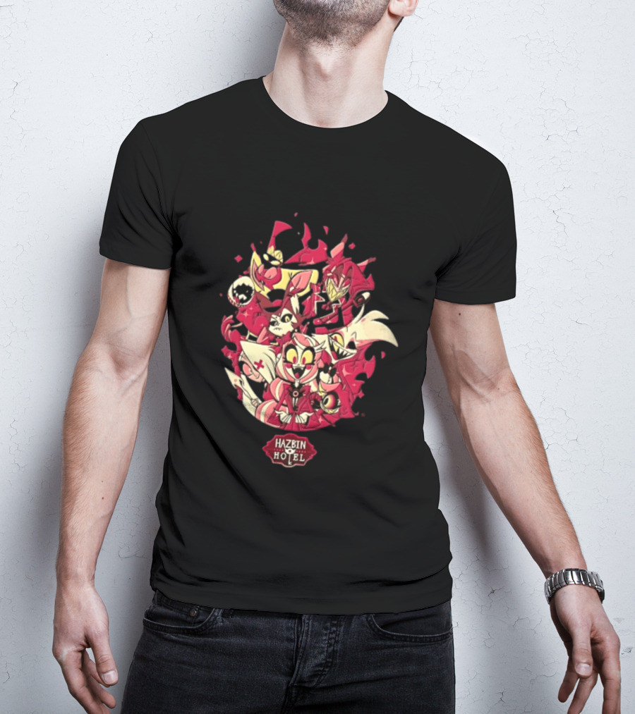 Hazbin Hotel Demon Characters Group Red Sparkles Cartoon Alastor Angel Dust Charlie Vaggie T-Shirt