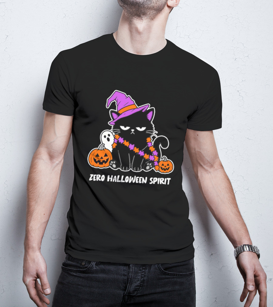 Zero Halloween Spirit Grumpy Black Cat With Pumpkin Ghost And Hat T-Shirt