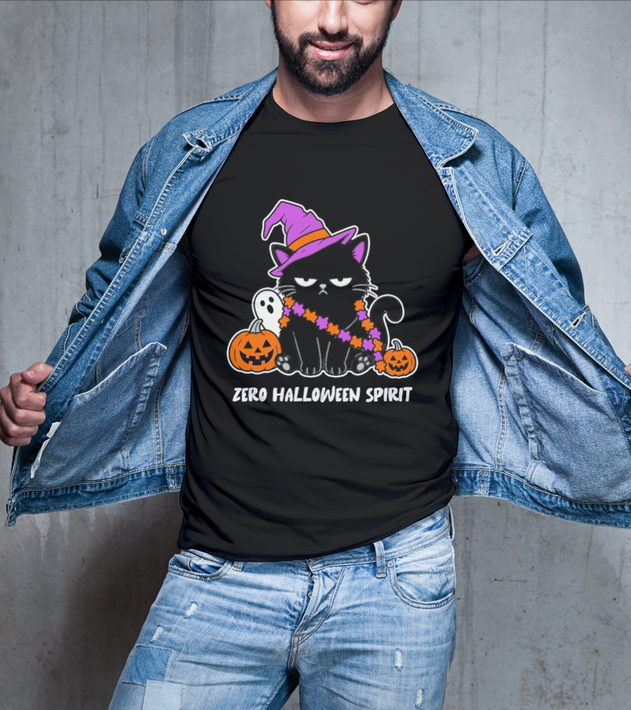 Zero Halloween Spirit Grumpy Black Cat With Pumpkin Ghost And Hat T-Shirt