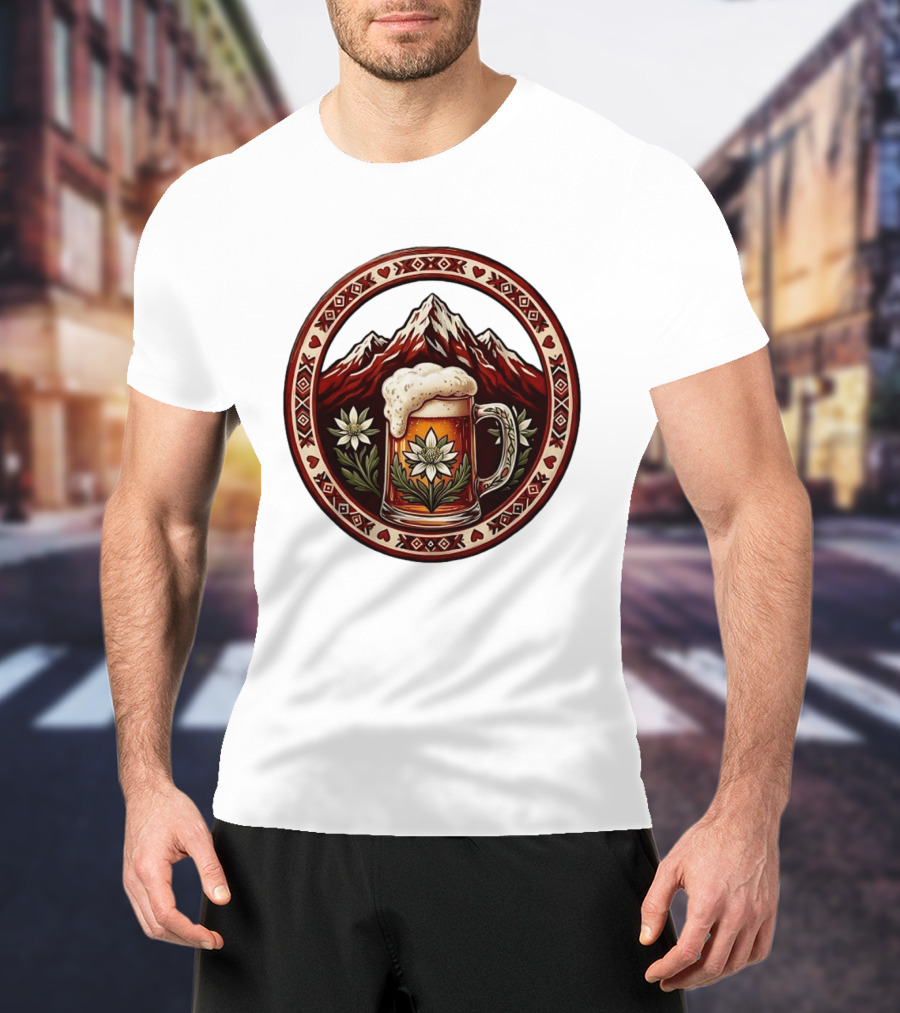 Alpine Beer Edelweiss Mountain Peaks Bavarian Heart Border T-Shirt