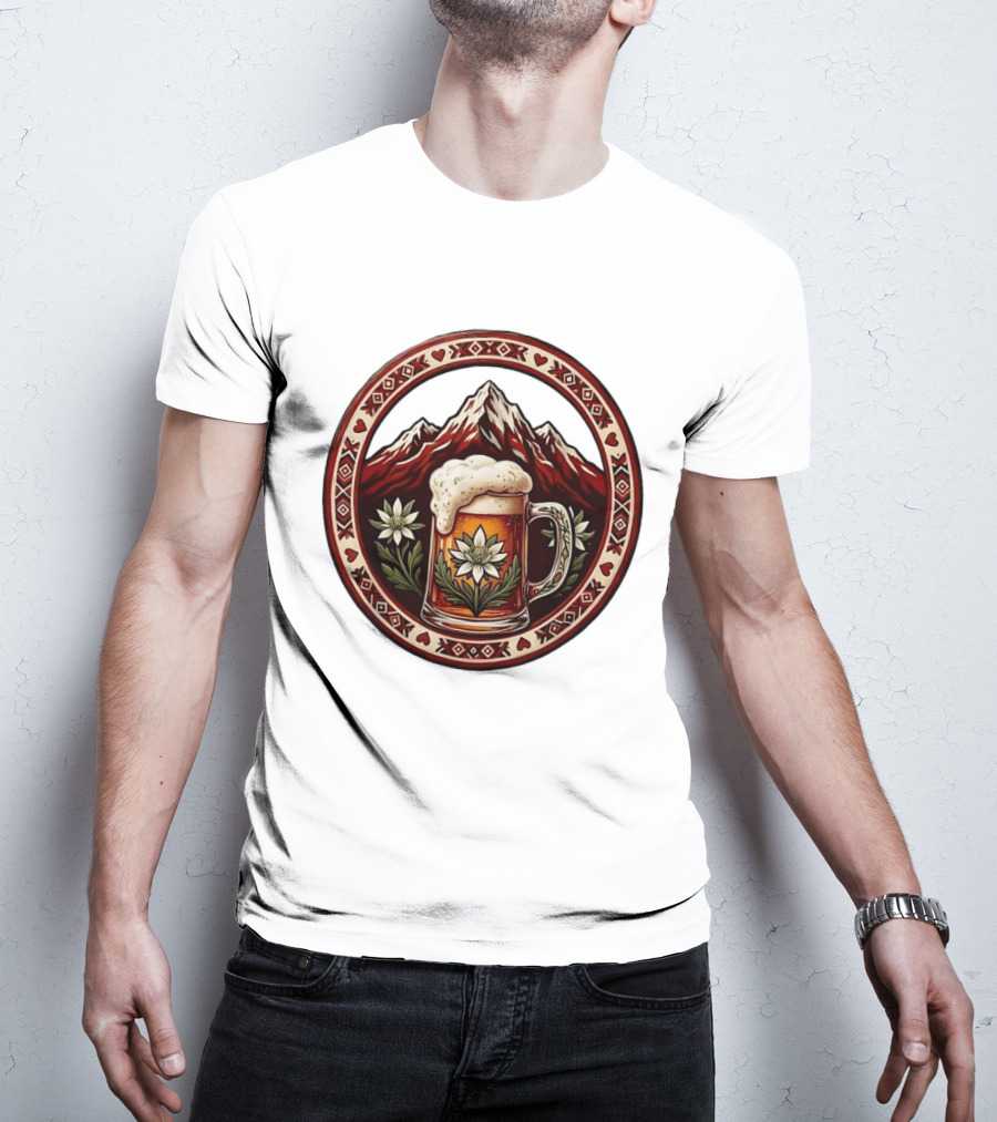 Alpine Beer Edelweiss Mountain Peaks Bavarian Heart Border T-Shirt