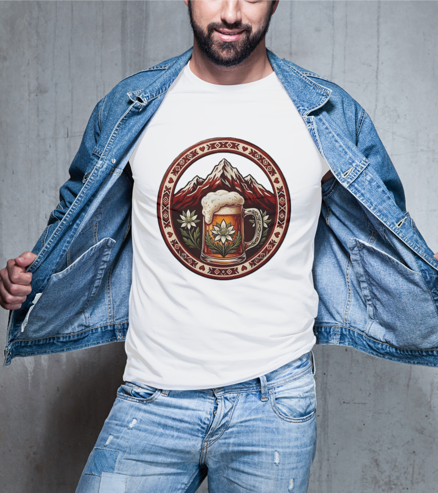 Alpine Beer Edelweiss Mountain Peaks Bavarian Heart Border T-Shirt