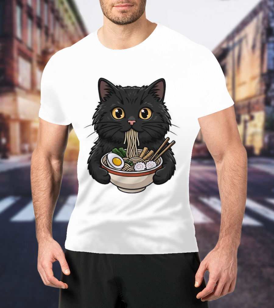 Black Cat Enjoying Ramen Noodles Anime T-Shirt