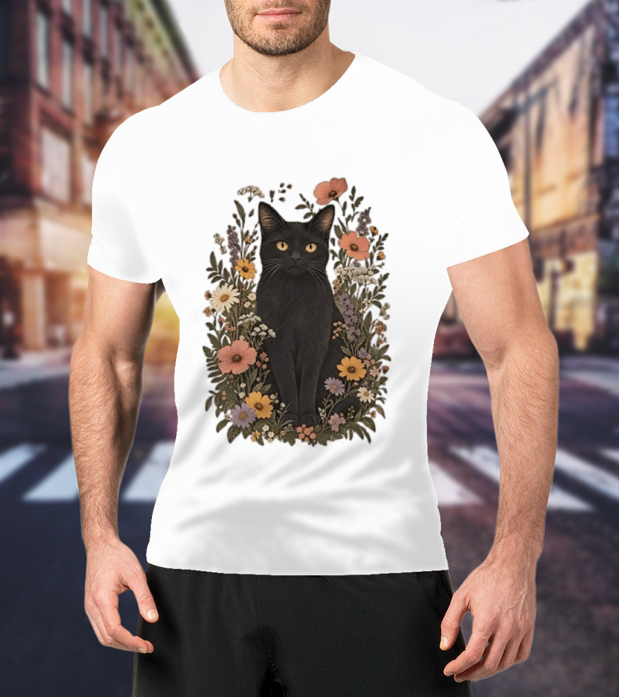 Black Cat In Blooming Garden Of Wildflowers T-Shirt