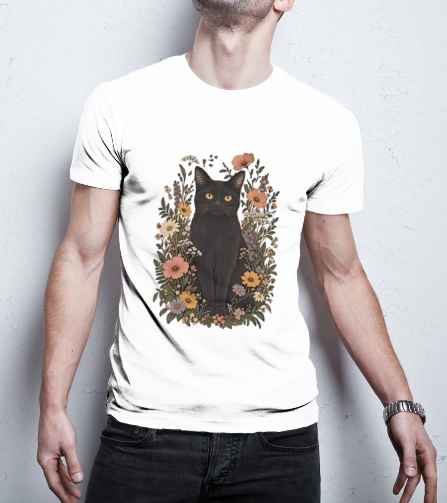 Black Cat In Blooming Garden Of Wildflowers T-Shirt