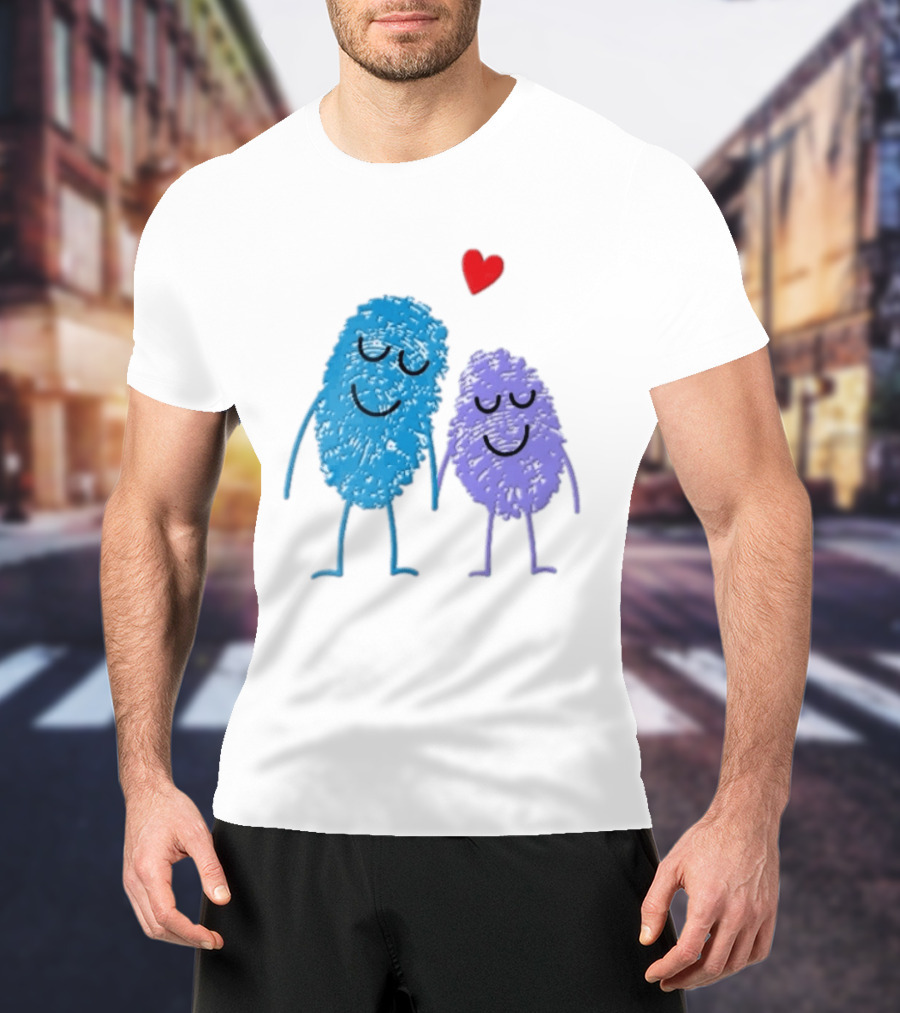 Blue Purple Fingerprint Characters Holding Hands Red Heart Cartoon T-Shirt
