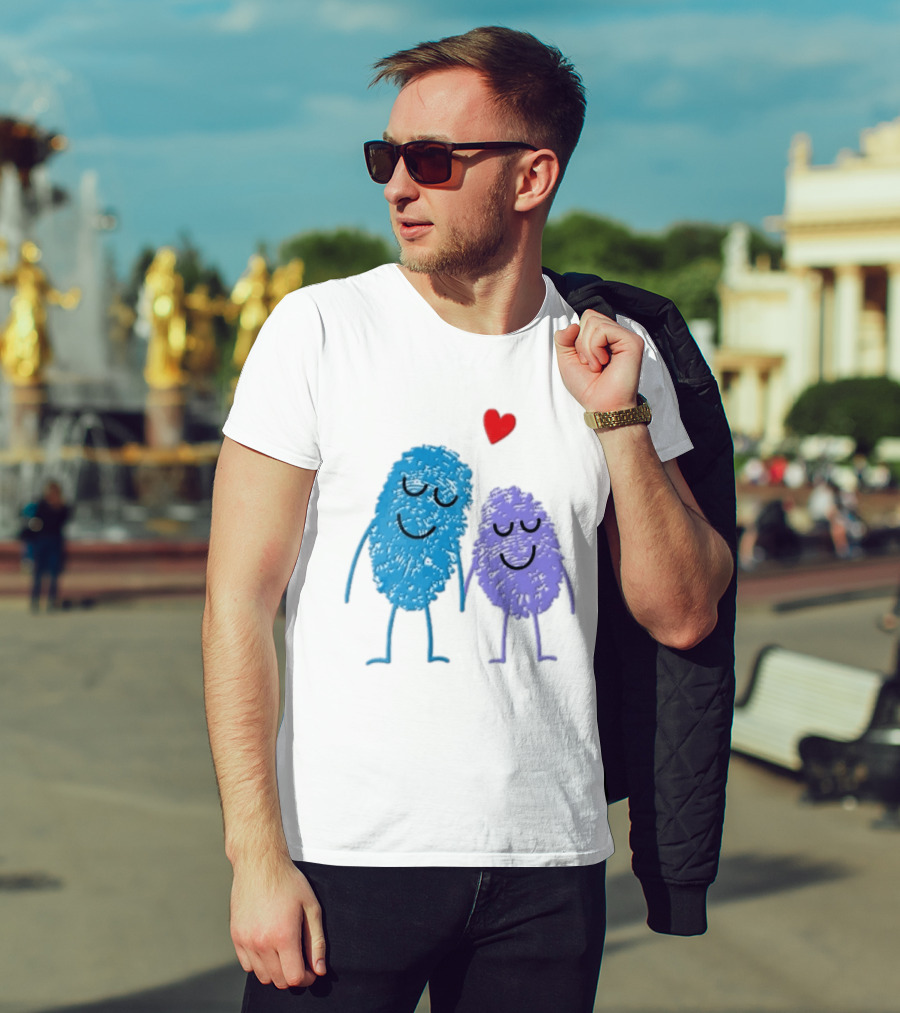 Blue Purple Fingerprint Characters Holding Hands Red Heart Cartoon T-Shirt