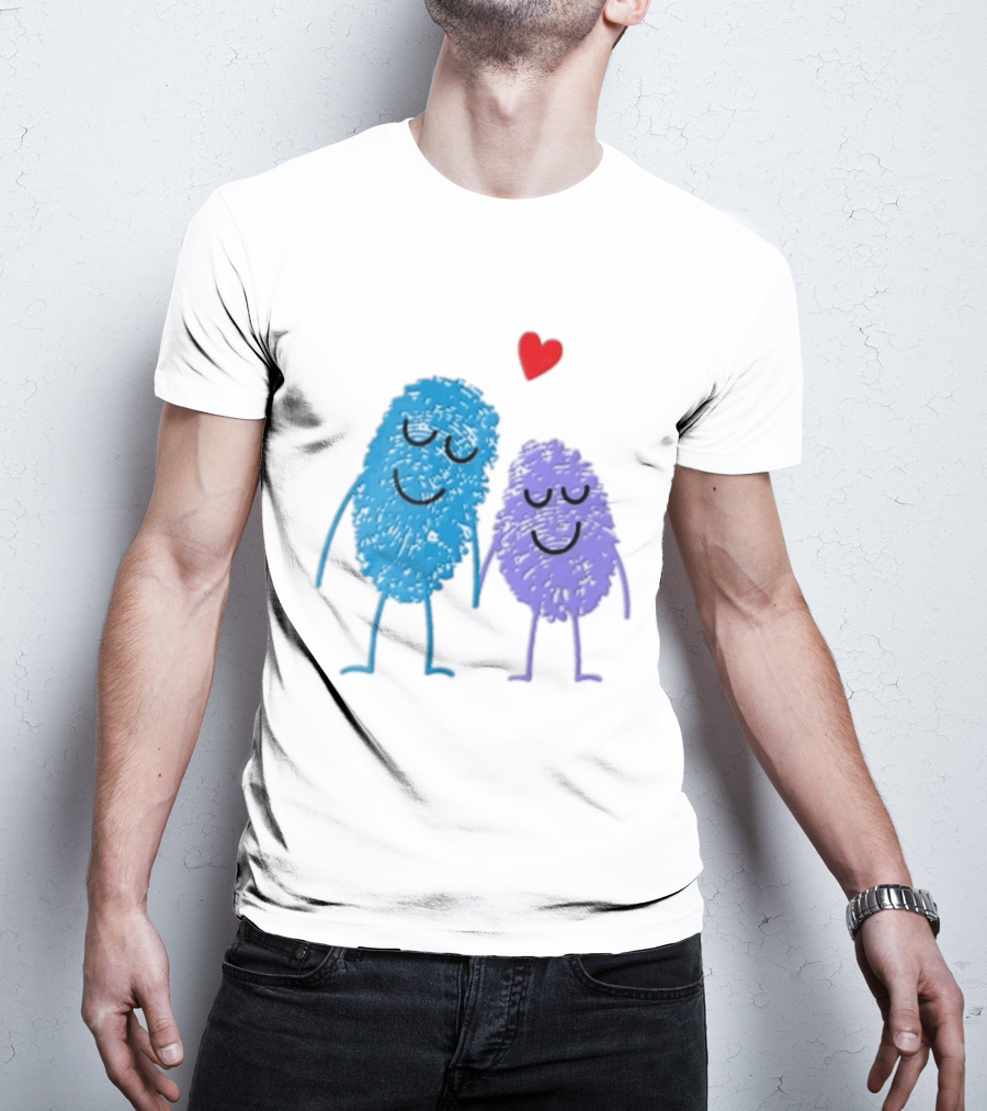 Blue Purple Fingerprint Characters Holding Hands Red Heart Cartoon T-Shirt